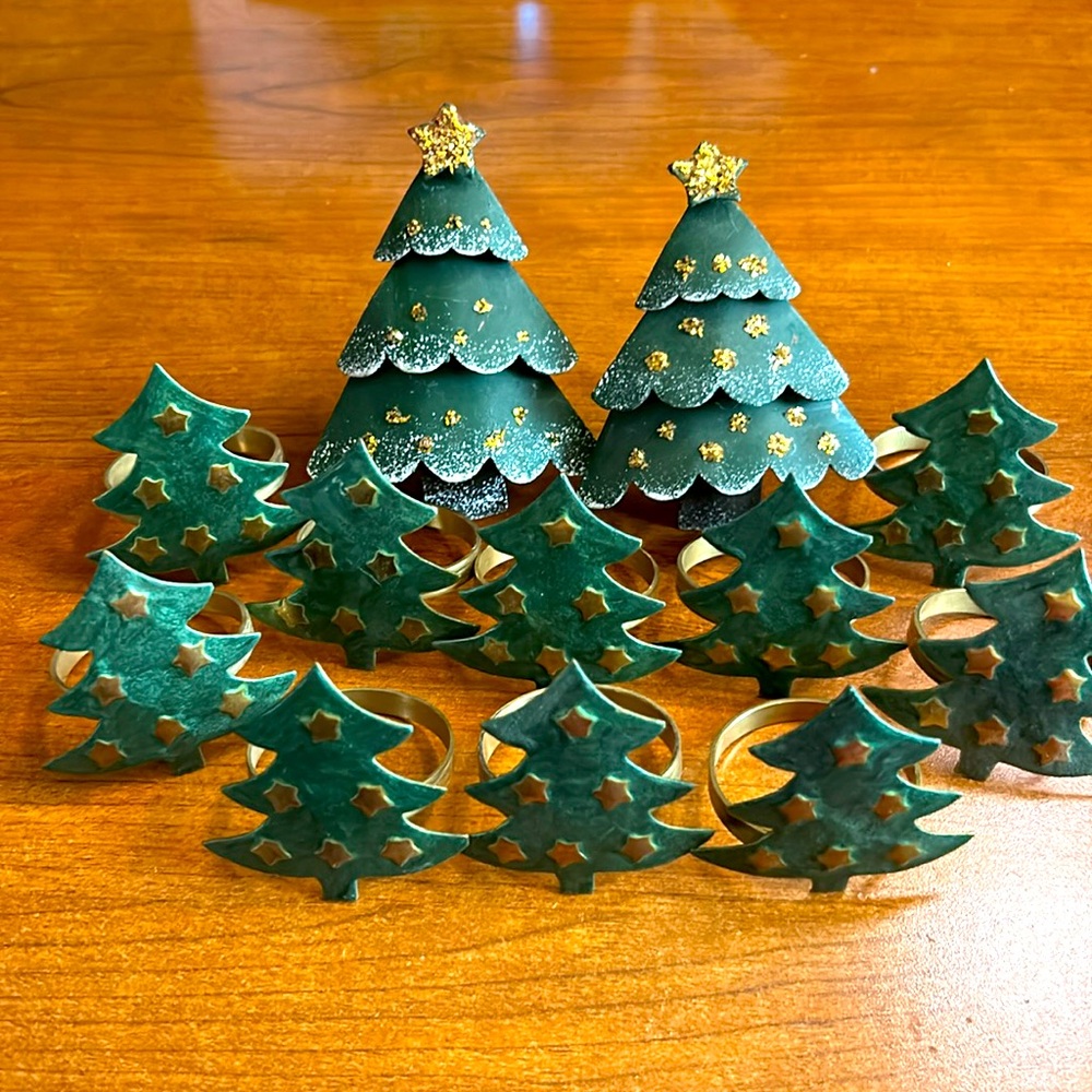 Christmas 🎄 Holiday 12 Tree Metal Napkin Rings Green Gold 2”